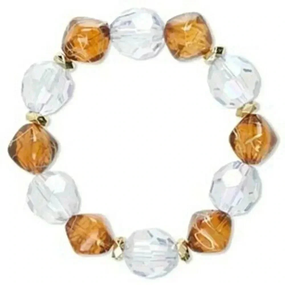 Chunky Angular Drizzled Acrylic Beads Stretch Bracelet Gold Clear Amber Brown
